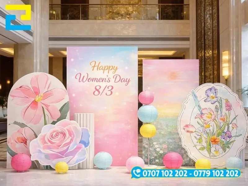 Mẫu 15: Backdrop ngày 8/3 có kiểu chữ nghệ thuật đẹp mắt, được thiết kế với tông nhiều màu pastel chủ đạo, kết hợp thêm bóng bay và hoa trang trí