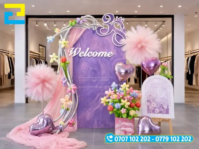 Mẫu 16: Mẫu 8/3 backdrop được thiết kế với tông màu tím - hồng, có kiểu chữ nghệ thuật, kết hợp với vật trang trí đẹp mắt