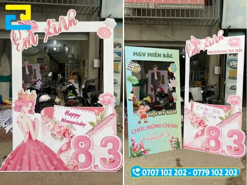 Mẫu 1: Backdrop 8/3 được thiết kế với hình ảnh minh họa đẹp mắt, có kiểu chữ đơn giản, tông màu trắng đẹp sang trọng