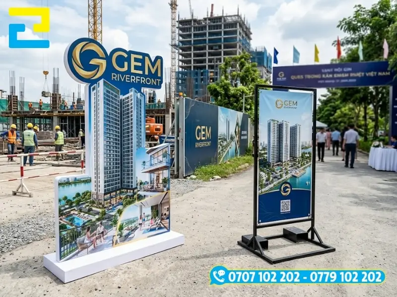 Mẫu standee 3D cắt bế bo sát theo đường viền dự án đầu tư (bên trái) và mẫu standee khung sắt chắc chịu lực chống lật do gió mạnh ngoài trời (bên phải)