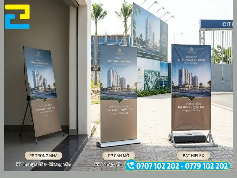 Những chất liệu in standee bất động sản với bề mặt tờ in PP mực dầu sắc nét và chất liệu bạt hiflex chuyên dụng cho quảng cáo