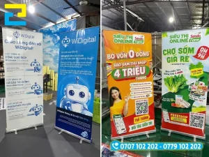 Khi đặt in standee cuốn nhôm nên lưu ý chừa lề file in thu 2cm chiều ngang và cộng thêm 3cm mép trắng ở hai đầu