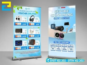 Standee cuốn nhôm có cơ chế kéo bản in PP cất gọn vào hộp nhôm phía dưới chân đế