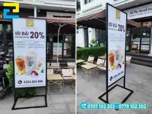 Standee chân sắt trang bị đế nặng chịu gió, phù hợp đặt ở mặt tiền và không gian ngoài trời