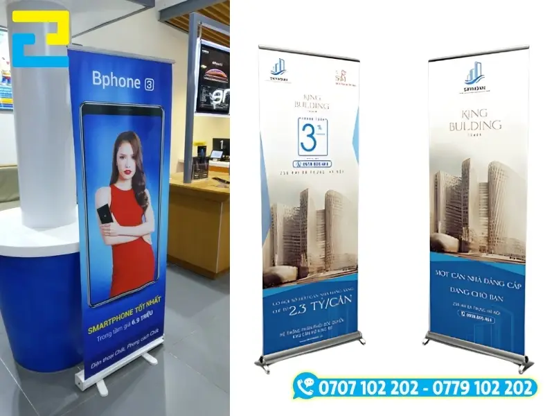 Thiết kế standee cuốn nhôm với bản in PP cán màng được lắp trực tiếp vào hệ thống hộp chứa lò xo tự cuốn bằng nhôm định hình