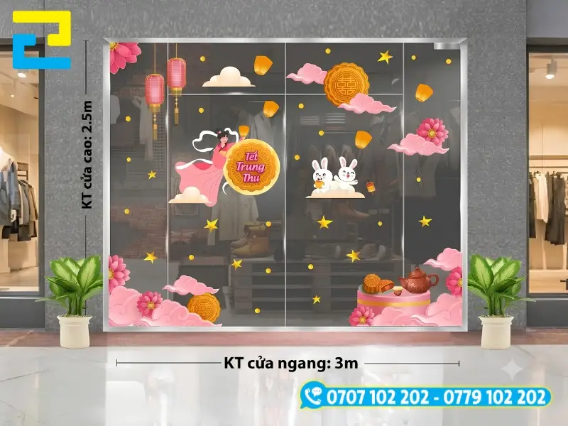 Decal Trung Thu hình ảnh chị Hằng, mây hồng và bánh trang trí