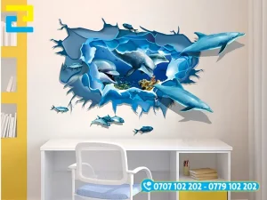 Mẫu Decal 3D đàn cá heo dán tường