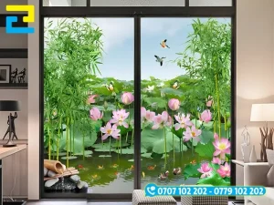 Mẫu Decal 3D hình hồ sen dán cửa kính