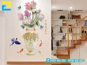 Mẫu Decal 3D bình hoa sen dán tường