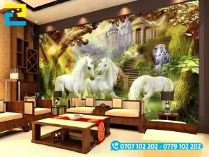 Mẫu Decal 3D lâu đài, ngựa bạch mã dán tường