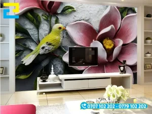 Mẫu Decal 3D hình hoa và chim dán tường