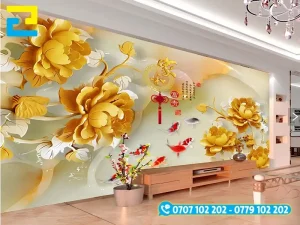 Mẫu Decal 3D dán tường hình hoa mẫu đơn và cá chép