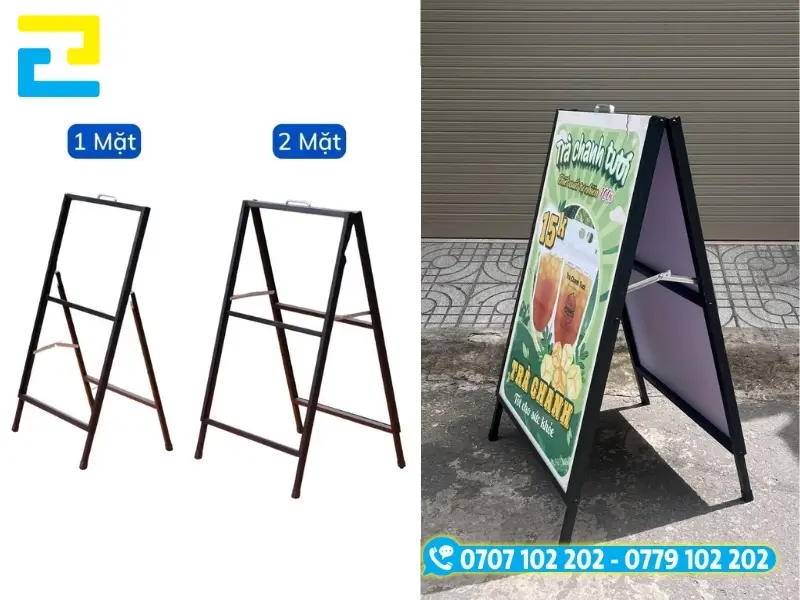 Hai dòng standee chữ A 1 mặt và 2 mặt trưng bày thực đơn và thông tin khuyến mãi tại cửa hàng
