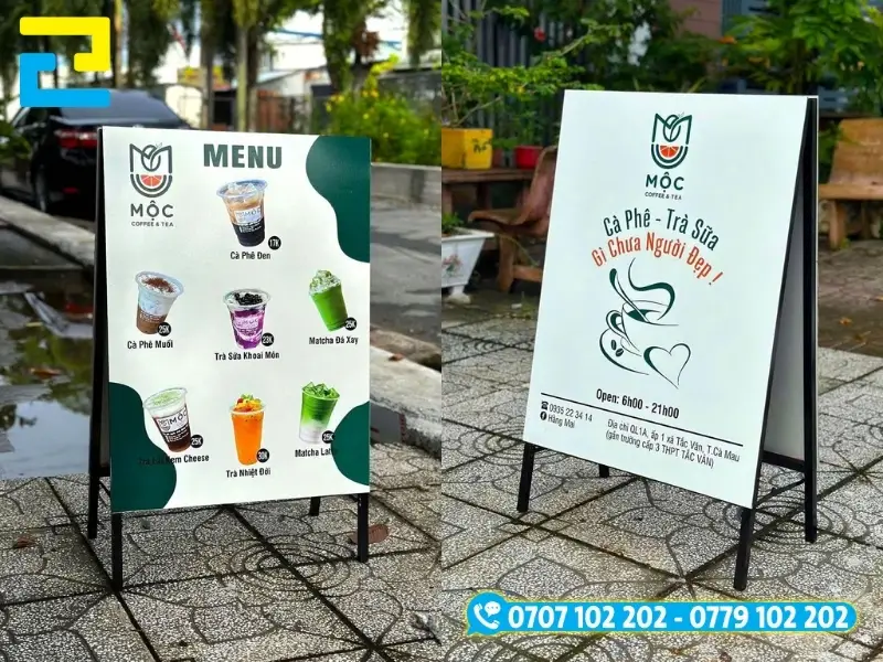 Standee chữ A dùng làm bảng menu đứng cho quán cafe, nhà hàng và bảng thông tin tại triển lãm