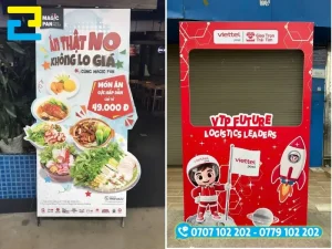 Cấu tạo thực tế của một bộ standee mô hình hoàn chỉnh gồm lớp in decal/PP, tấm nền formex và khung chân đỡ