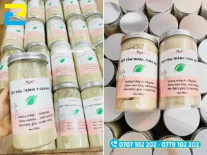 Bề mặt tem bột tắm trắng được gia công cán bóng dán lên thân hũ sản phẩm