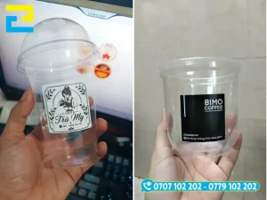 Tem decal nhựa dán trên túi zipper đóng gói cà phê hạt và ly nhựa take away cho quán đồ uống