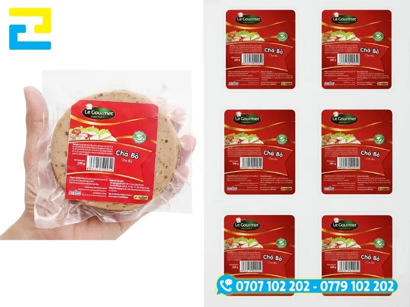 Mẫu in tem chả bò hiển thị đầy đủ tên sản phẩm, thành phần, hạn sử dụng và hướng dẫn bảo quản