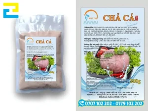 Mẫu in tem chả cá hiển thị đầy đủ tên loài cá, thành phần, hạn sử dụng và hướng dẫn bảo quản