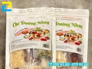 Trọn bộ tem chè dưỡng nhan gồm tem chính dán bao bì lớn và tem phụ dán gói nguyên liệu nhỏ