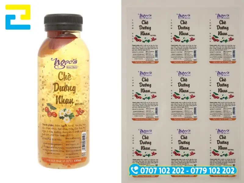 Mẫu tem chè dưỡng nhan in trên chất liệu decal nhựa trong dán lên chai nhìn rõ nguyên liệu bên trong
