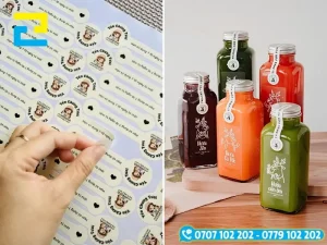 Mẫu tem dán dọc hiển thị tên thương hiệu và thông tin chạy dài theo cổ chai lọ