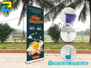Standee chân cuộn nhôm in hình Trung Thu dễ dàng kéo gấp và di chuyển linh hoạt