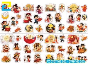 Sticker trung thu thường dán trên hộp bánh, túi quà và không gian trưng bày