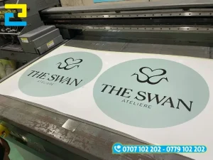 Decal logo công ty màu xanh đẹp mắt, đơn giản