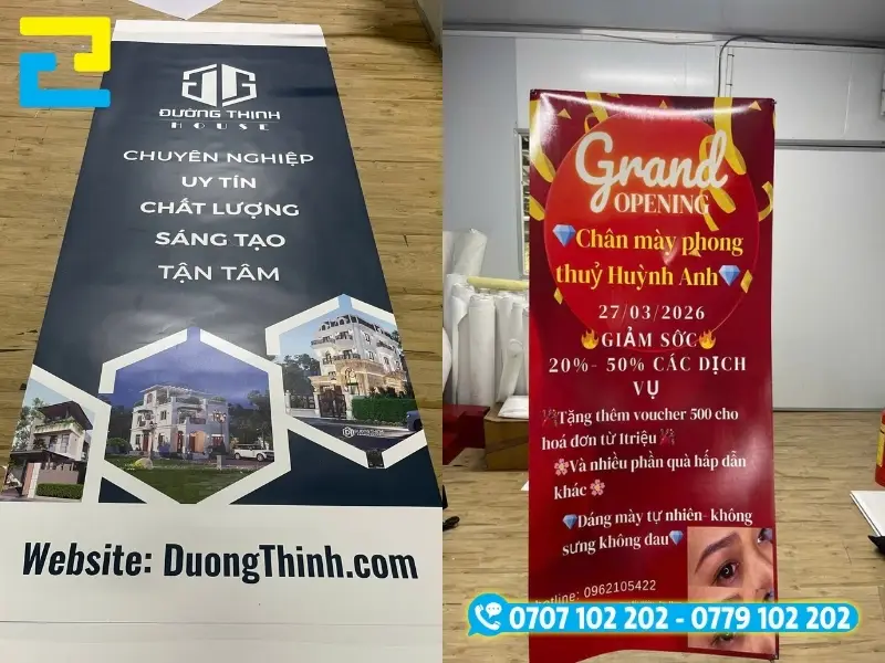Standee in PP đucojw đóng khoen gắn khung chắc chắn