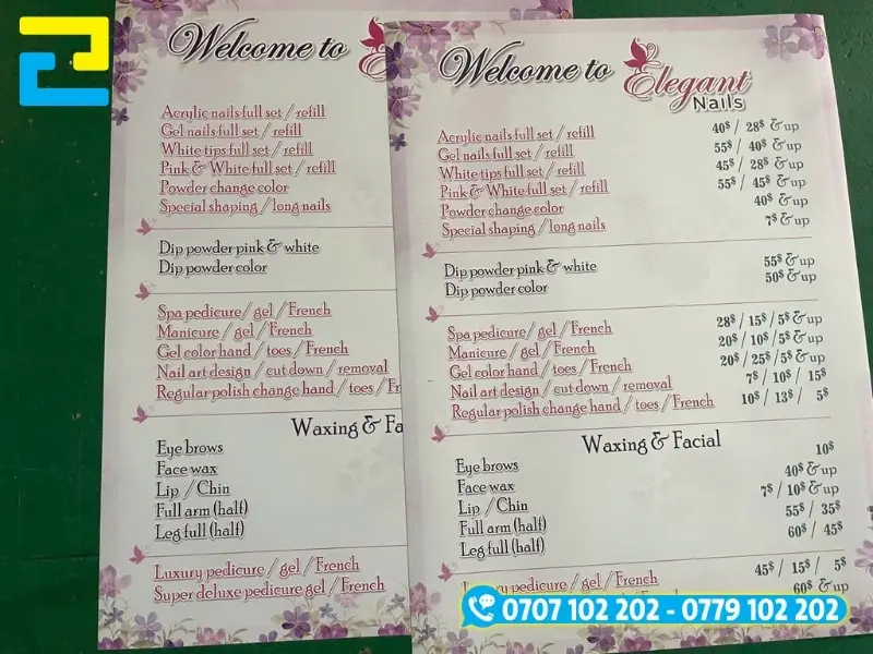 Menu in PP thẩm mỹ, sắc nét cho tiệm nails, salon
