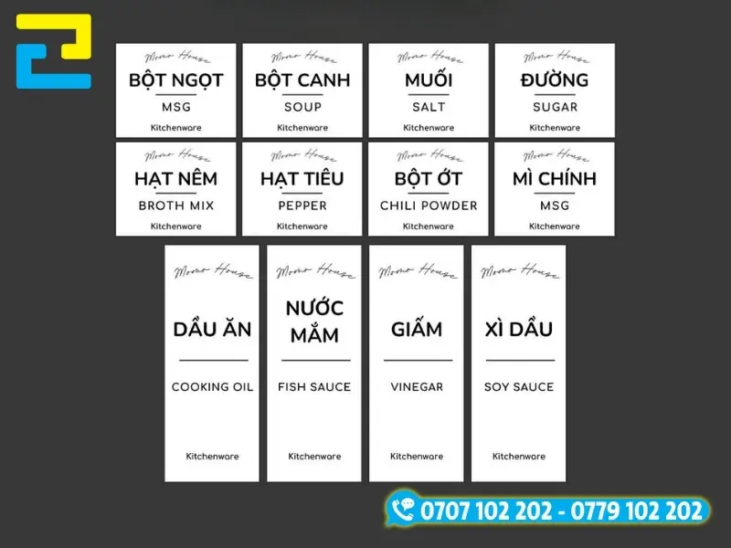Các chất liệu in tem nhãn gia vị gồm decal nhựa PVC sữa, decal trong suốt, decal xi bạc và decal 3M