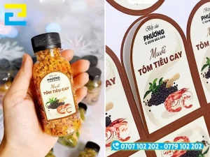 Mẫu tem nhãn dán thực tế trên các loại hũ tiêu, sa tế, muối ớt và chai lọ gia vị đóng gói