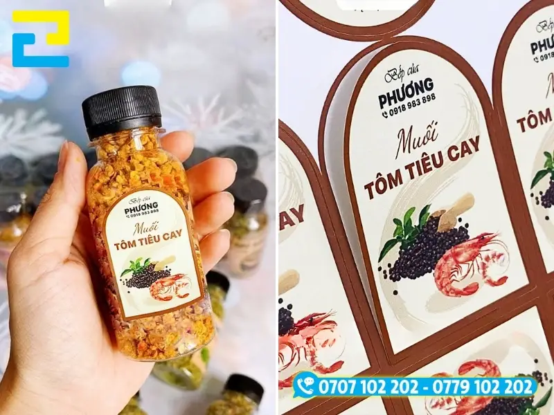 Mẫu tem nhãn dán thực tế trên các loại hũ tiêu, sa tế, muối ớt và chai lọ gia vị đóng gói