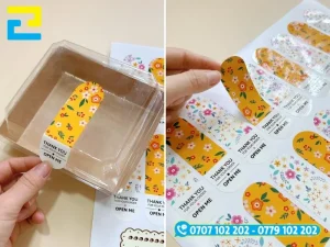 Các kích thước tem dán hộp nhựa phổ biến gồm dạng tròn, chữ nhật và tem bế viền dán quanh thân hộp