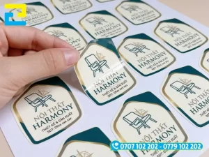 Mẫu in tem dán nội thất chất liệu decal sữa gia công cán màng bóng, giữ màu bền hơn