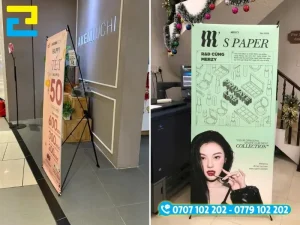 Mẫu standee giới thiệu sản phẩm đặt tại quầy bán lẻ và sảnh đón tiếp khách hàng