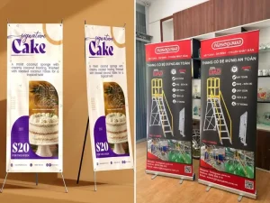 Mẫu standee sản phẩm khung chữ X (bên trái) và standee khung nhôm cuốn (bên phải)