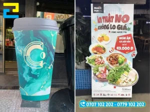 Standee mô hình bằng decal cán formex dày gắn khung sắt cố định