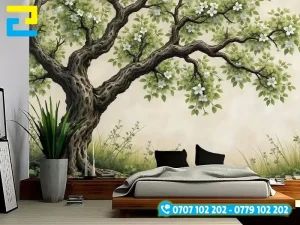 Hình 5: Mẫu decal dán tường hình cây xanh và cỏ trang trí phòng ngủ phong cách thiên nhiên, gần gũi.
