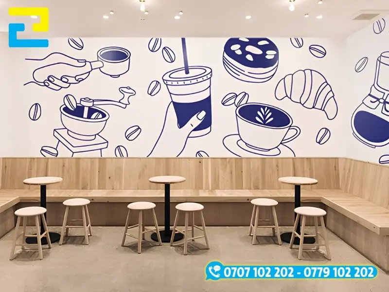 Hình 1: Mẫu in decal dán tường dùng trong quán cafe để tạo điểm nhấn.