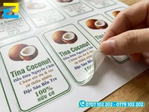 Các kích thước và hình dạng tem dầu dừa thay đổi tương ứng với các dung tích chai từ 10ml đến 500ml