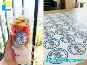 Mẫu tem decal nhựa PVC sữa nền trắng in logo sắc nét dán trên ly sinh tố mang đi