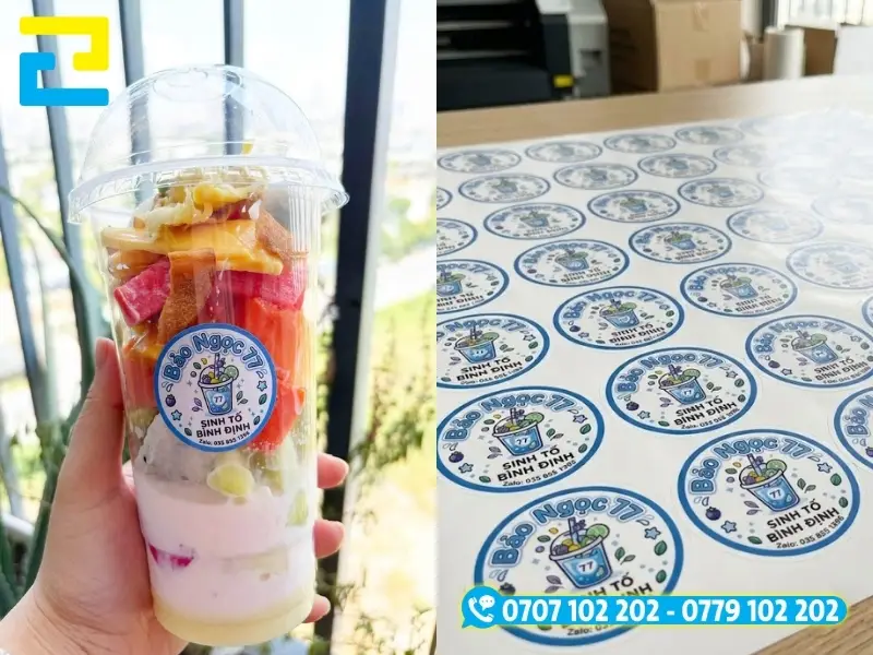 Mẫu tem decal nhựa PVC sữa nền trắng in logo sắc nét dán trên ly sinh tố mang đi