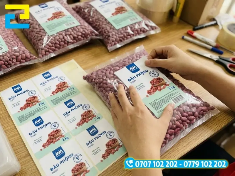 Mẫu in tem decal nhựa sữa in mực sắc nét, chống ẩm dán trên túi đậu phộng