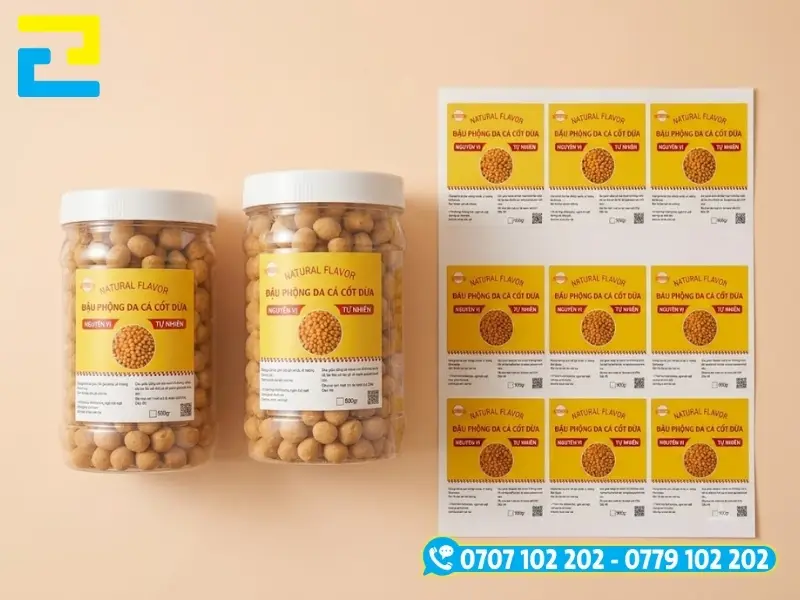 Gia công sau in tem đậu phộng gồm cán màng bóng, màng mờ và ép kim tên thương hiệu
