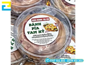 Mẫu in tem decal bánh pía chất liệu nhựa sữa in màu sắc nét dán trên hộp bánh pía