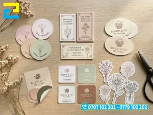 Các mẫu tem shop hoa tròn, vuông, elip và tem bế theo viền logo