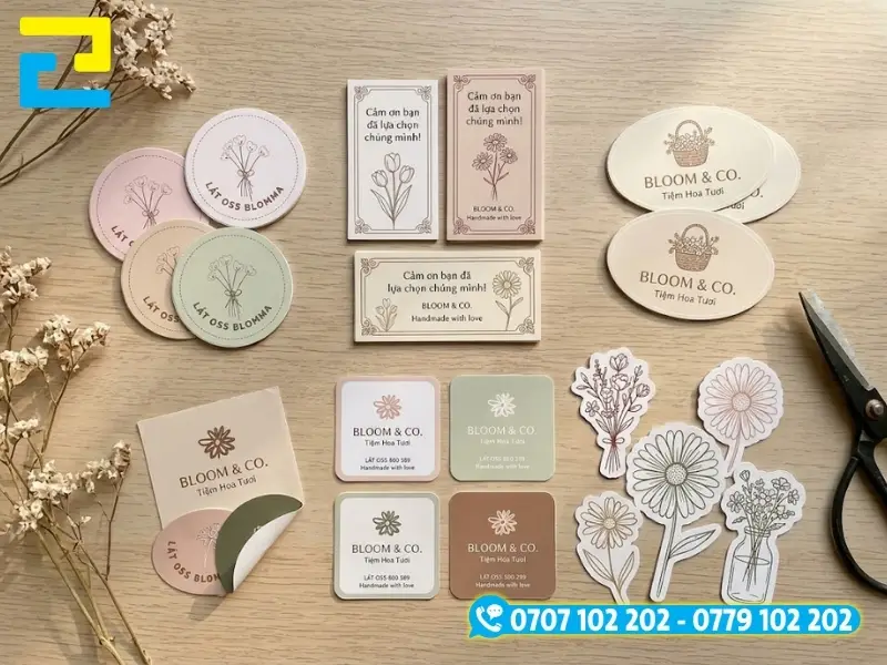 Các mẫu tem shop hoa tròn, vuông, elip và tem bế theo viền logo
