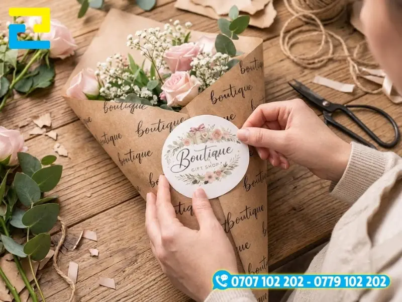 Mẫu in tem decal shop hoa dán trên giấy gói bó hoa